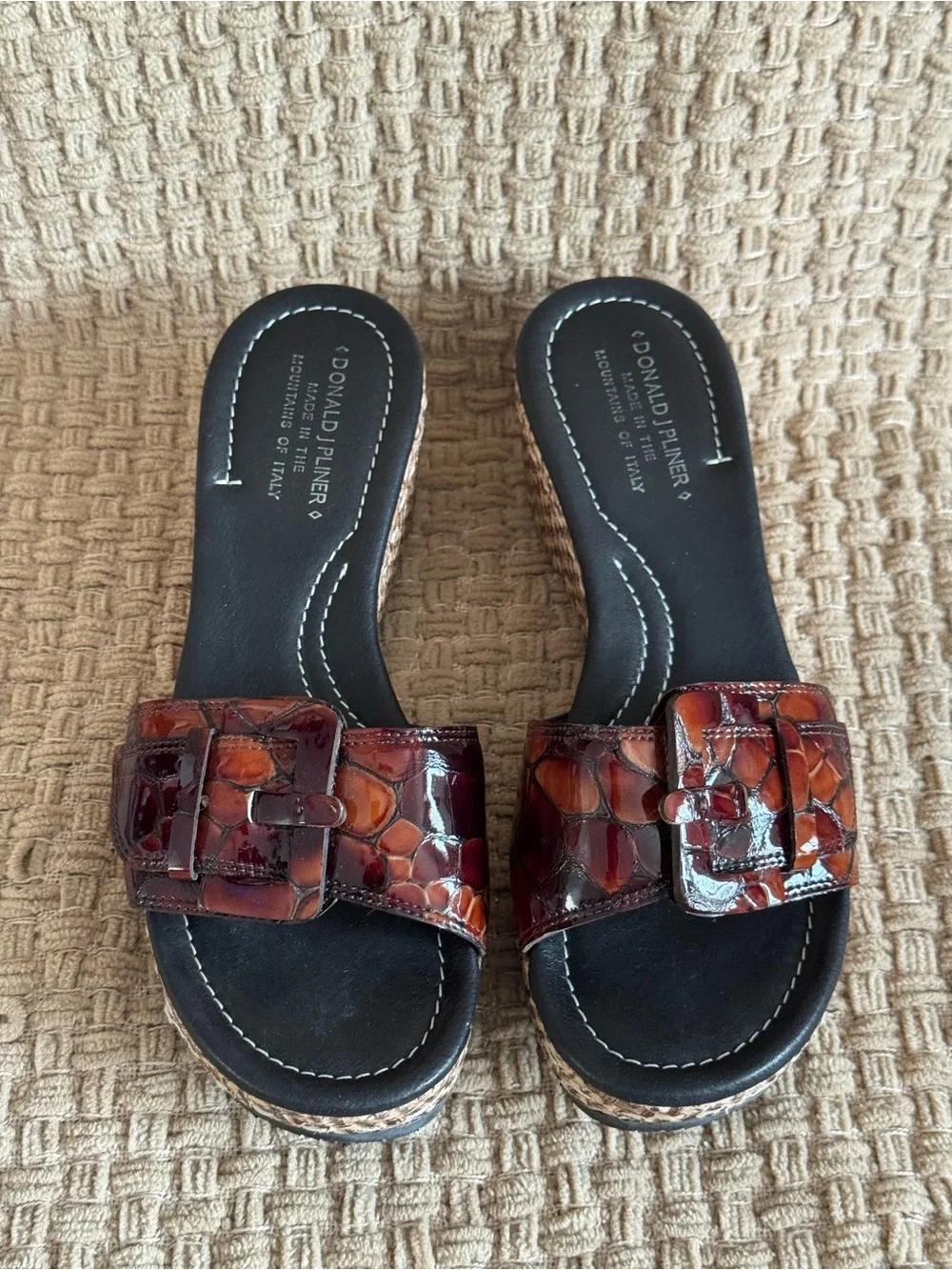 Donald J. Pliner Brown & Tan Croc-Embossed Wedge Slide Sandals